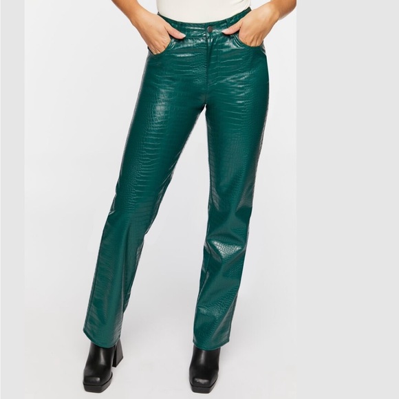 Forever 21 Women Faux Croc Bootcut Pants - Emerald Green XS - Picture 1 of 14